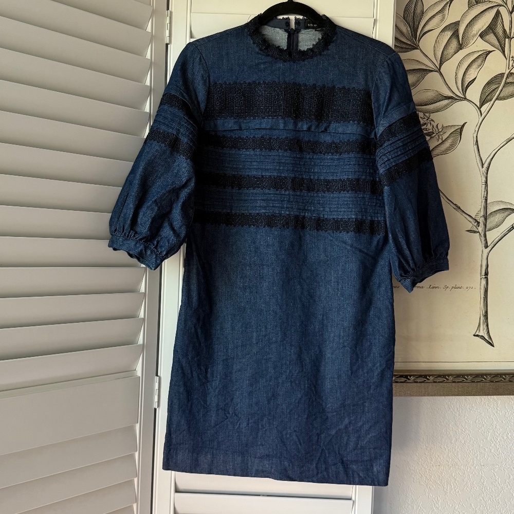 Banana Republic Blue Denim Lace Shift Puff Sleeve Dress - Picture 2 of 7